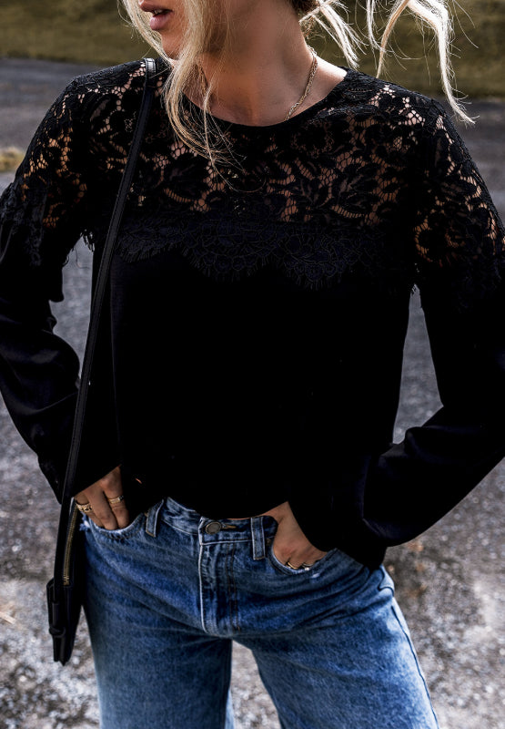 Lace Detail Round Neck Long Sleeve Blouse