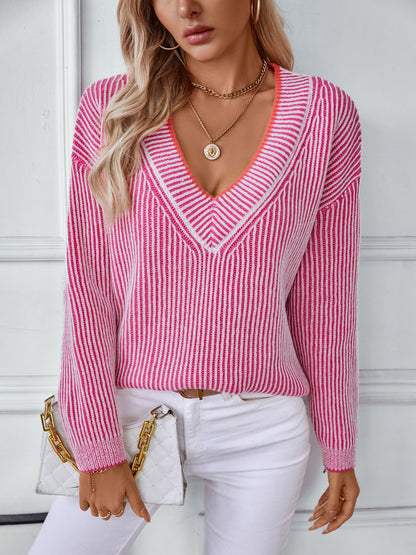 Striped V-Neck Long Sleeve Sweater