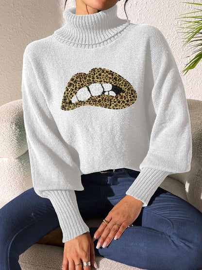 Lip Turtleneck Long Sleeve Sweater