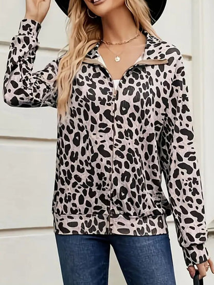 Full Size Leopard Collared Neck Zip Up Jacket