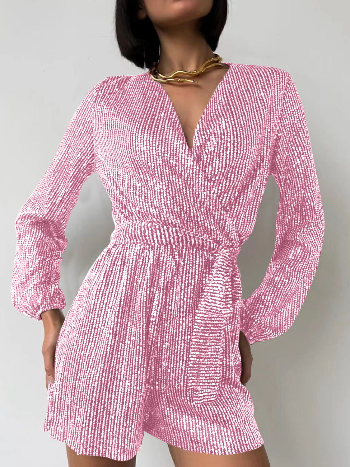 Full Size Sequin Surplice Tie Waist Long Sleeve Romper