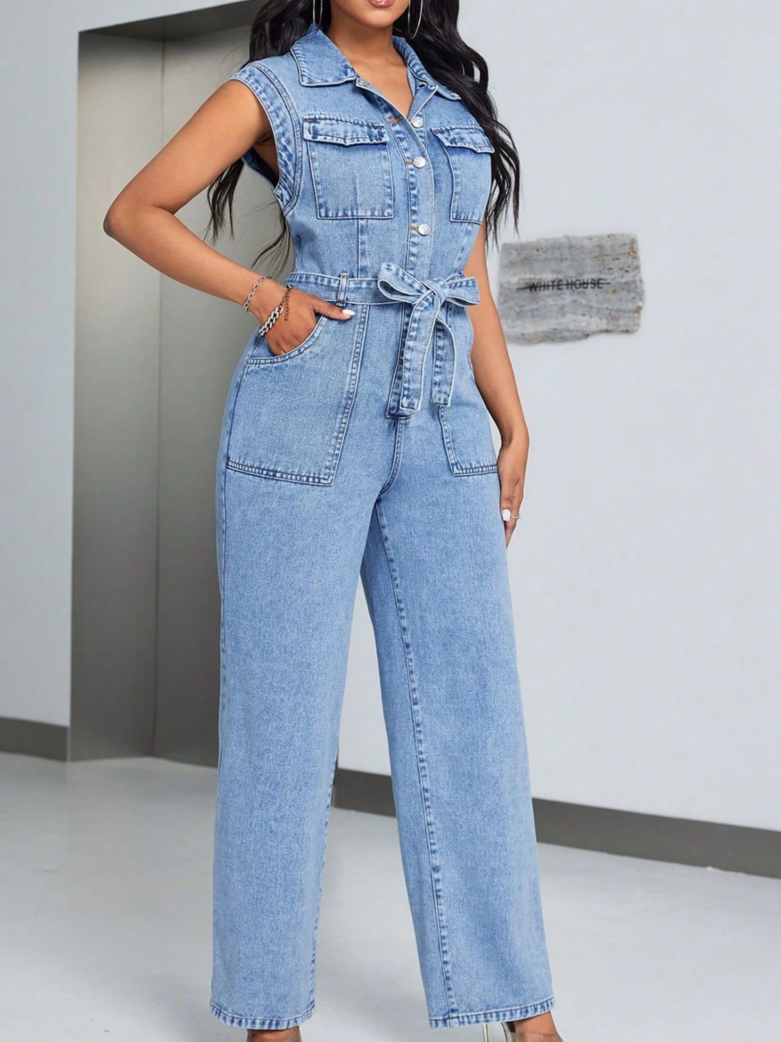 Tied Half Button Denim Jumpsuit with Pockets