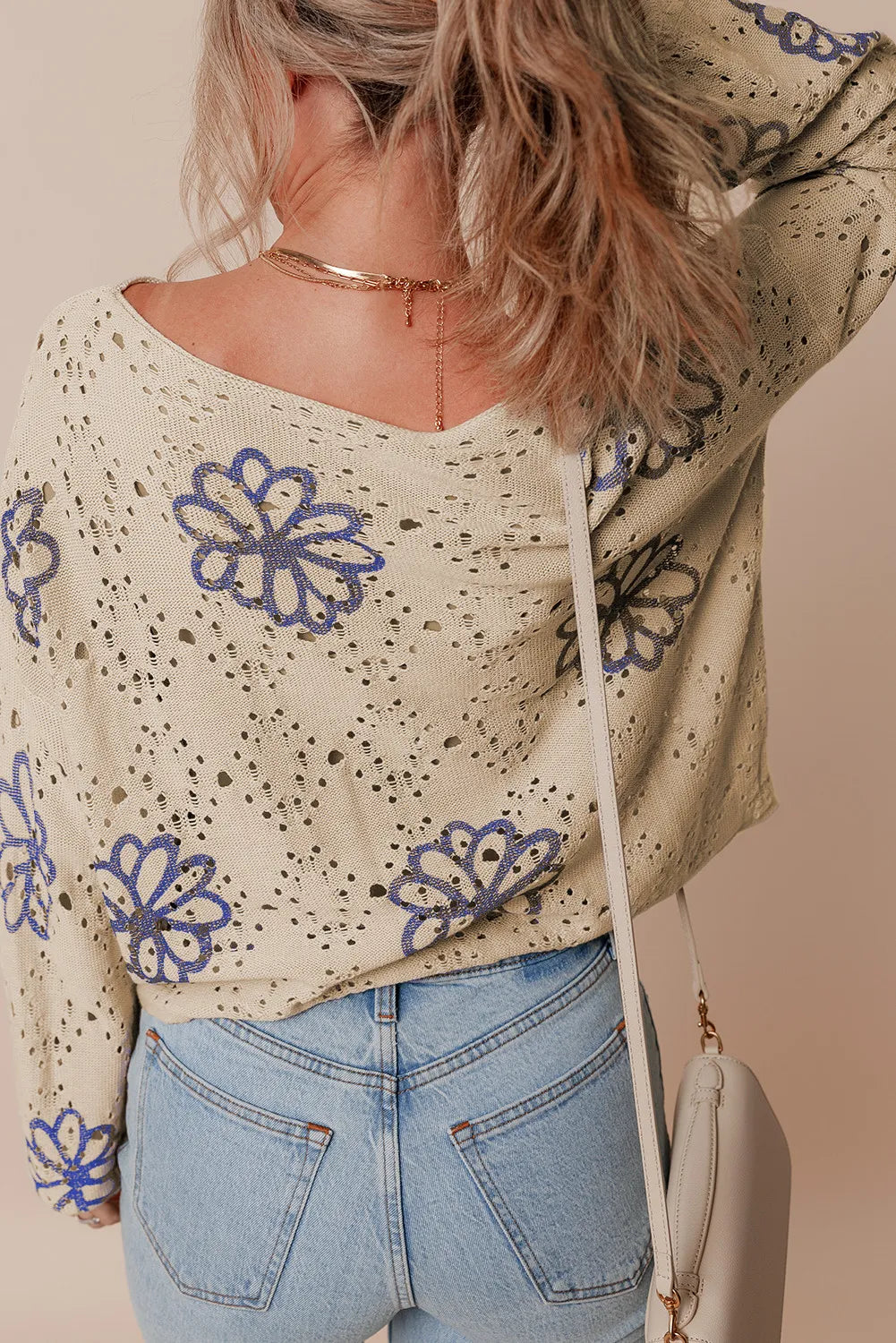 Openwork Round Neck Long Sleeve Knit Top