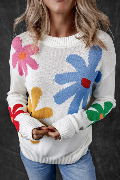 Flower Round Neck Dropped Shoulder Sweater