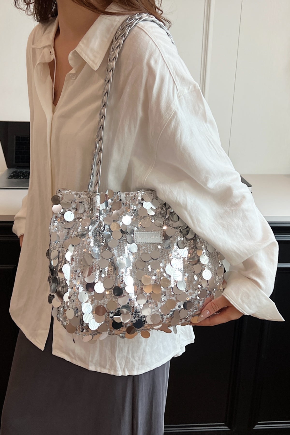 Sequin Braided Strap Shoulder Bag