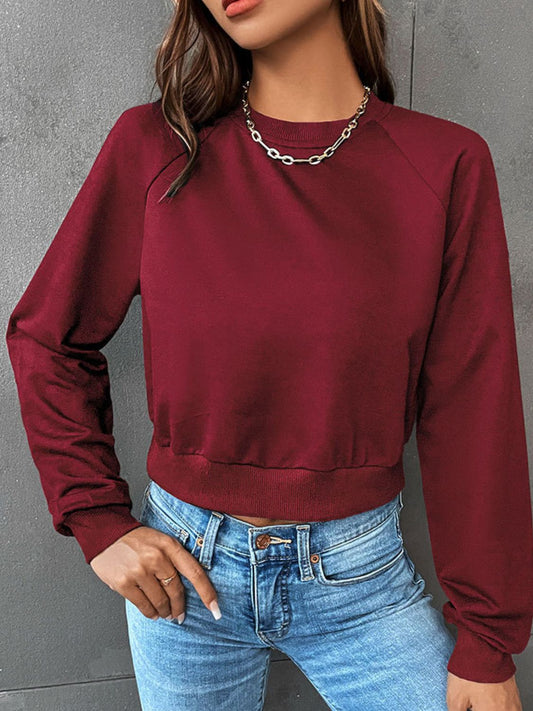 Perfee Raglan Sleeve Round Neck Cropped Sweatshirt