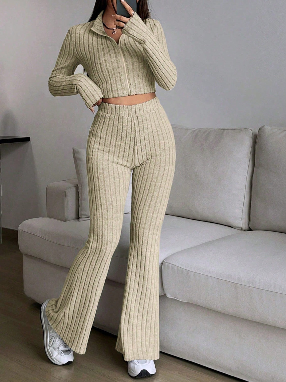 Zip Up Long Sleeve Top and Pants Set