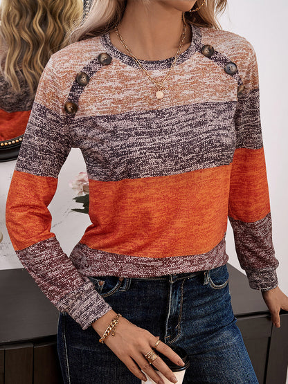 Decorative Button Contrast Round Neck Long Sleeve T-Shirt