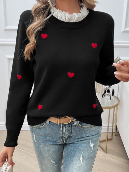 Lace Detail Heart Long Sleeve Sweater