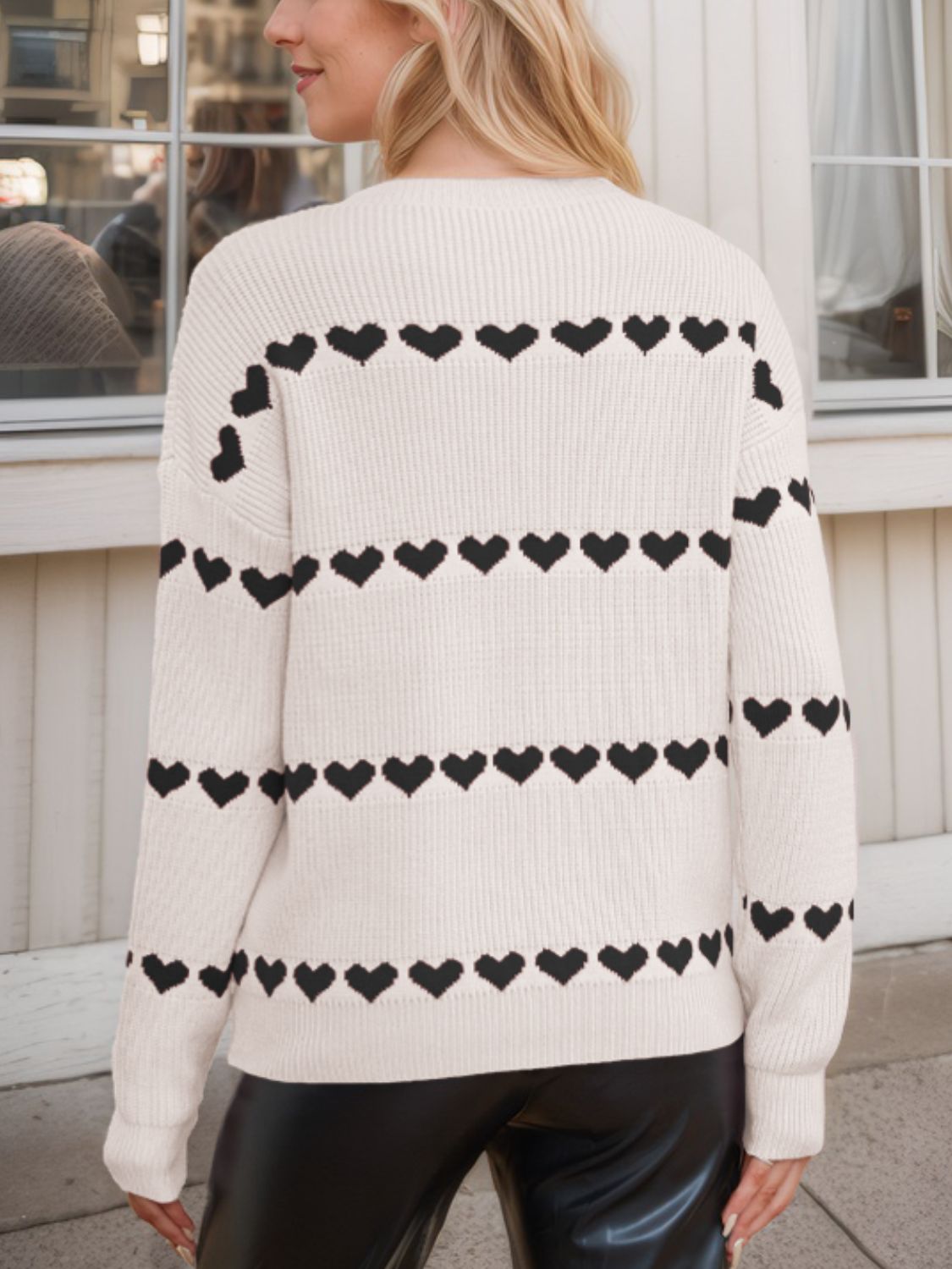 Heart Round Neck Long Sleeve Sweater