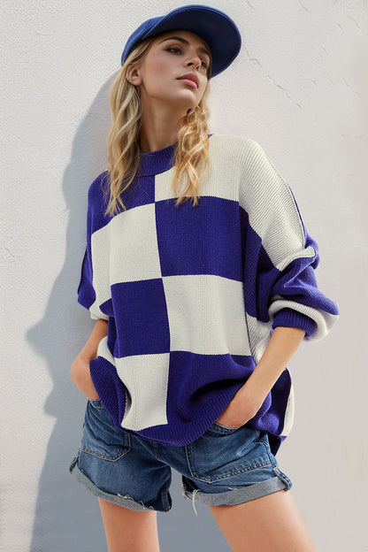 Double Take Slit Color Block Mock Neck Batwing Sleeve Sweater