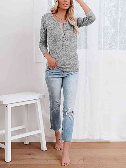 Round Neck Buttoned Long Sleeve T-Shirt