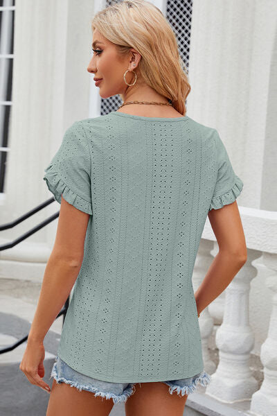 Eyelet Round Neck Petal Sleeve T-Shirt