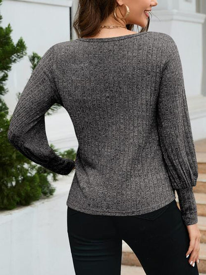 Ribbed Round Neck Lantern Sleeve Knit Top