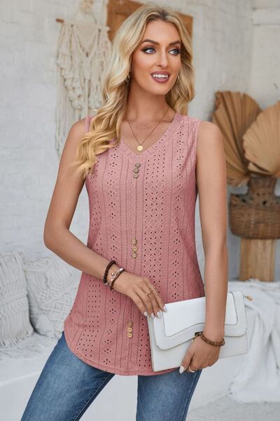 Eyelet Decorative Button V-Neck Tank