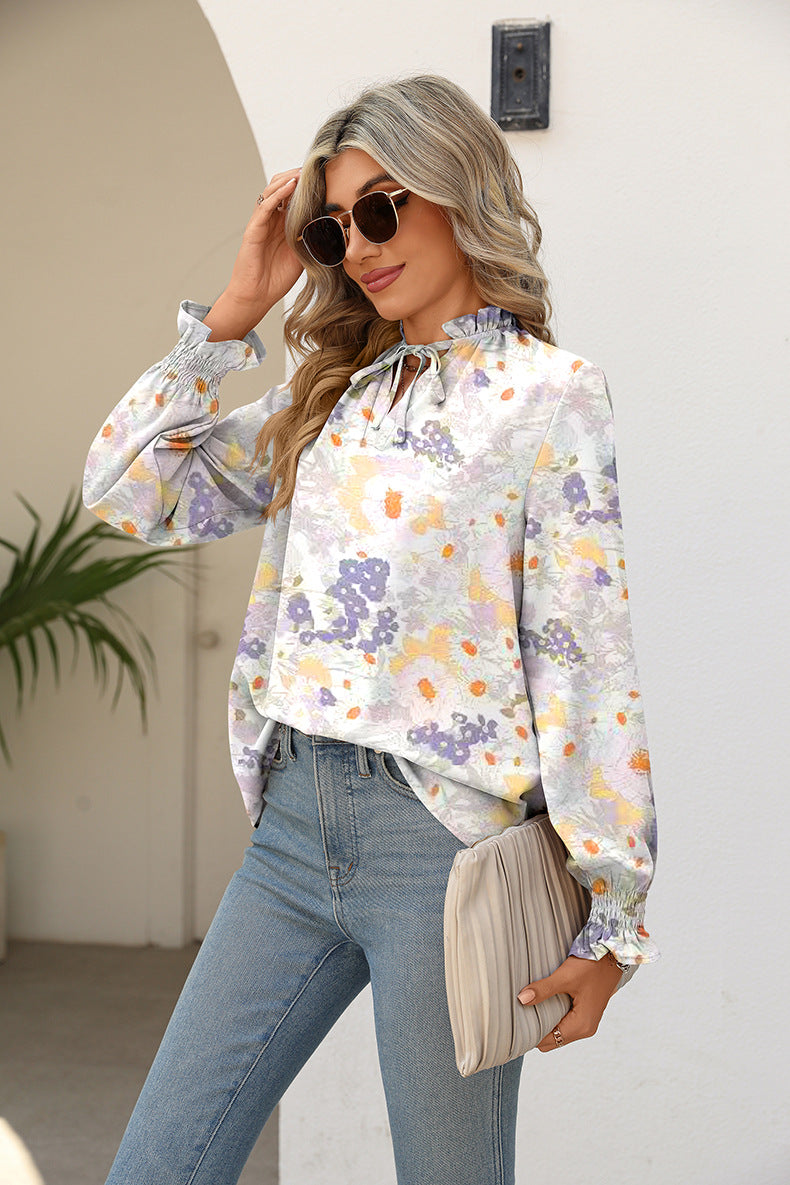 Printed Tie Neck Flounce Sleeve Blouse