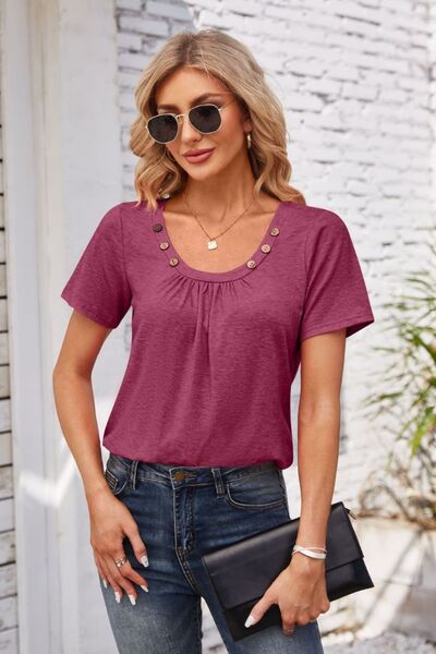 Decorative Button Scoop Neck T-Shirt