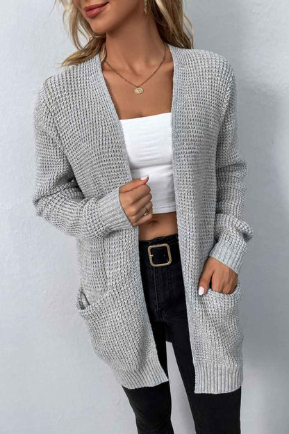 Rib-Knit Open Front Pocketed Cardigan