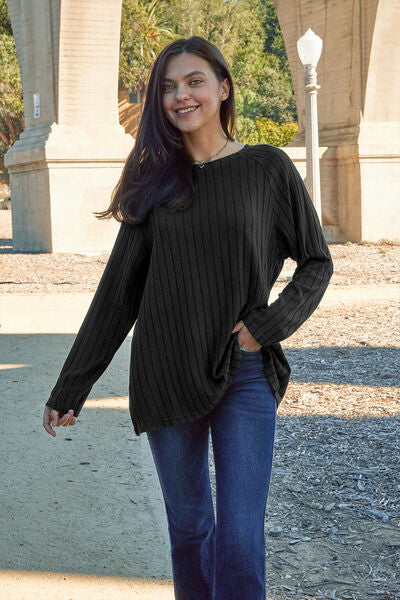 Basic Bae Full Size Ribbed Round Neck Long Sleeve Knit Top