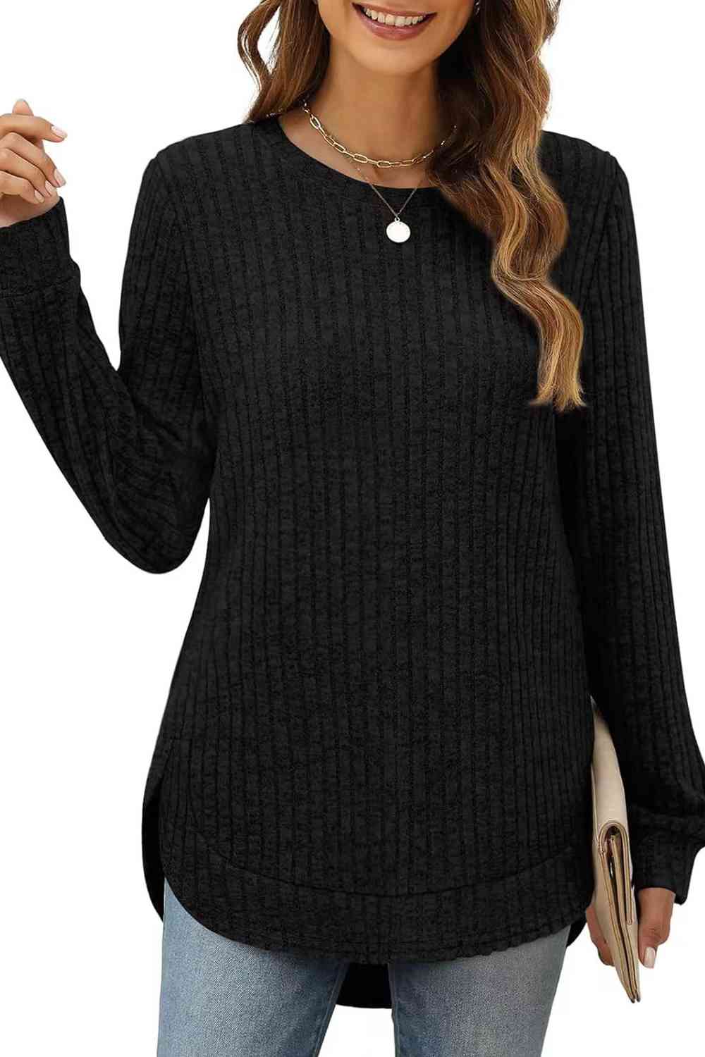 Ribbed Round Neck Long Sleeve T-Shirt