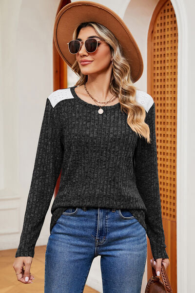 Eyelet Ribbed Round Neck Long Sleeve T-Shirt