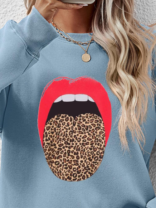 Leopard Lip Graphic Round Neck Sweatshirt