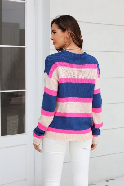 Color Block Round Neck Dropped Shoulder Sweater