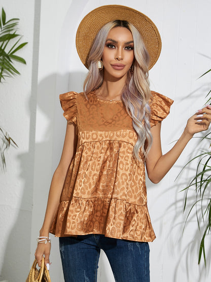 Full Size Ruffled Leopard Cap Sleeve Top