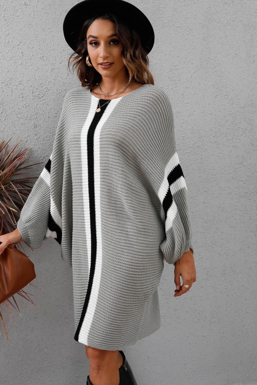 Ribbed Round Neck Long Sleeve Sweater Dress