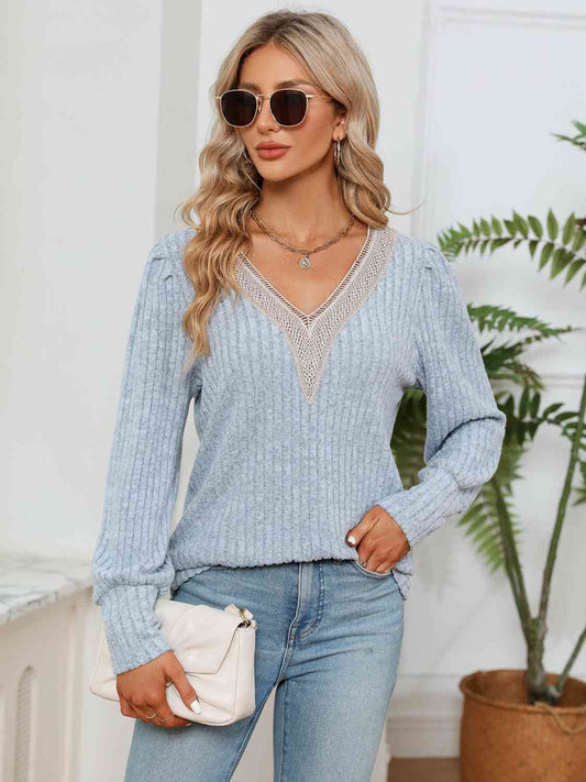 Lace Detail V-Neck Ribbed Blouse