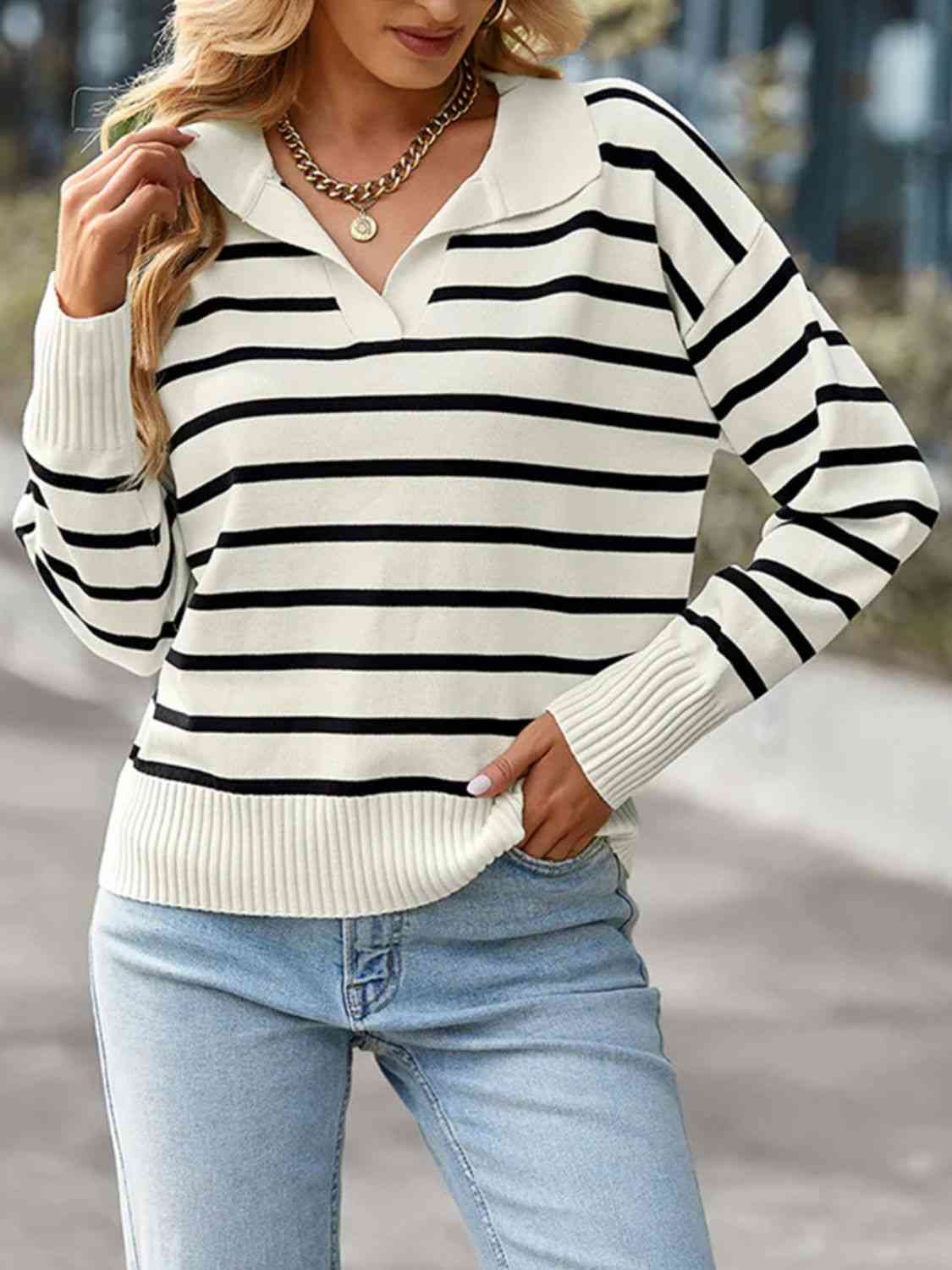 Striped Collared Neck Knit Top