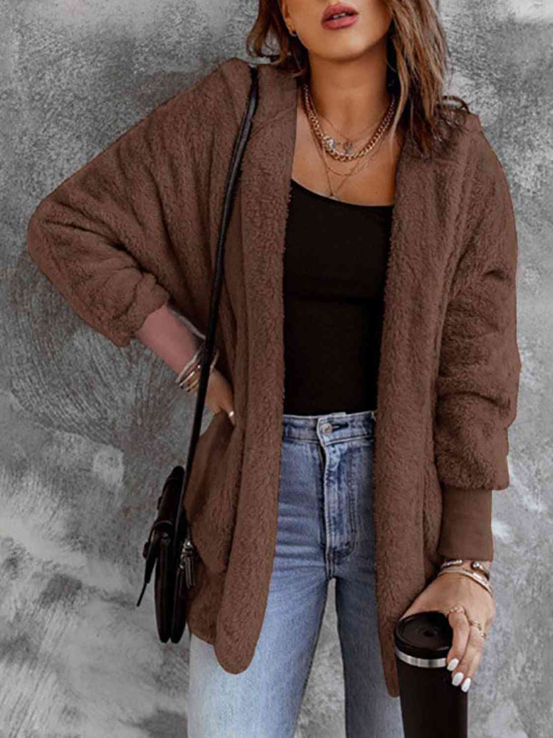 Open Front Hooded Faux Fur Outwear with Pockets