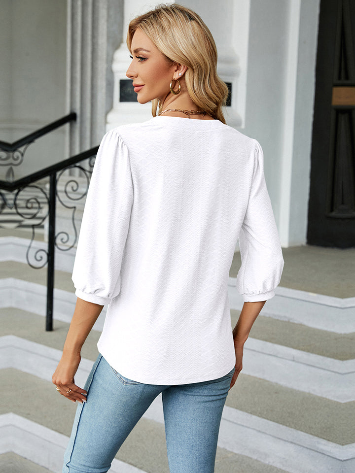 Notched Neck Three-Quarter Sleeve Blouse