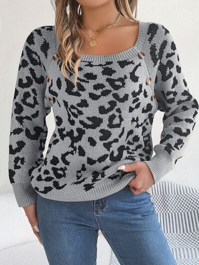 Leopard Buttoned Square Neck Sweater