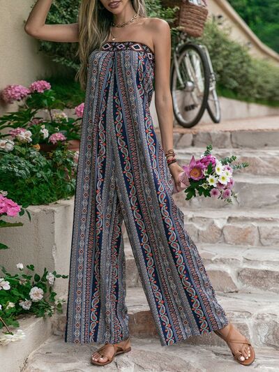 Tied Printed Tube Wide Leg Jumpsuit