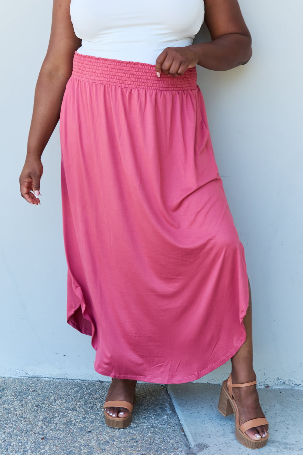 Doublju Comfort Princess Full Size High Waist Scoop Hem Maxi Skirt in Hot Pink