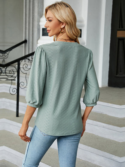 Notched Neck Three-Quarter Sleeve Blouse