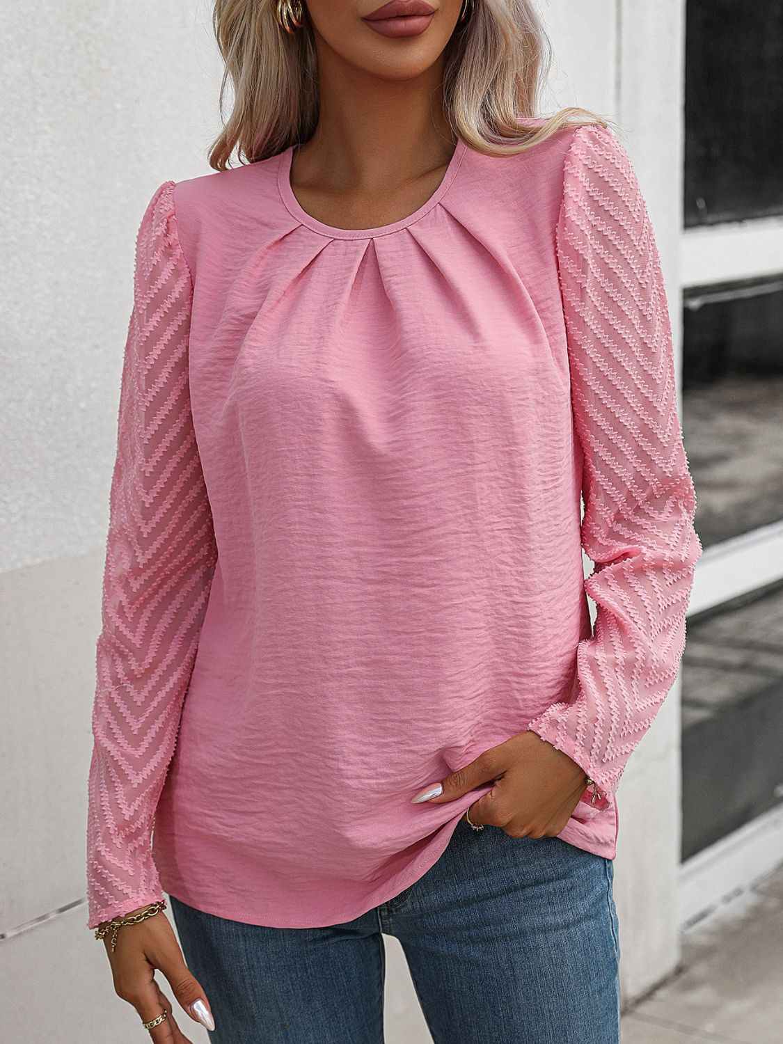 Ruched Round Neck Puff Sleeve Blouse