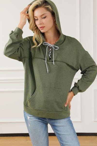 Tied Kangaroo Pocket Dropped Shoulder Hoodie