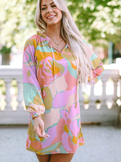 Printed Tie Neck Long Sleeve Dress