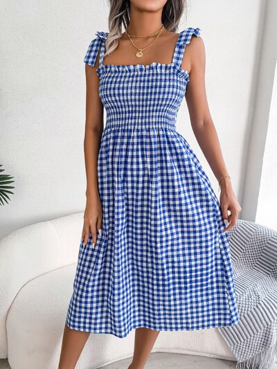 Frill Plaid Square Neck Midi Dress