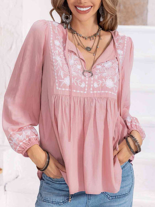 Floral Tie Neck Balloon Sleeve Blouse