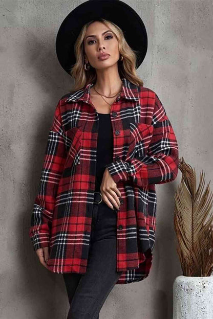 Plaid Collared Neck Button Up Jacket with Pockets