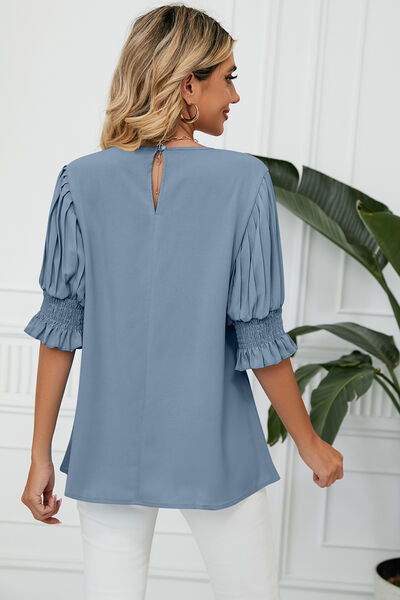 Frill Round Neck Lantern Sleeve T-Shirt