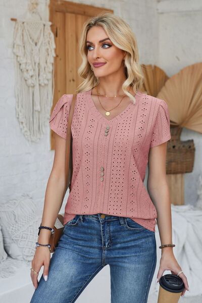 Decorative Button Eyelet V-Neck Short Sleeve T-Shirt