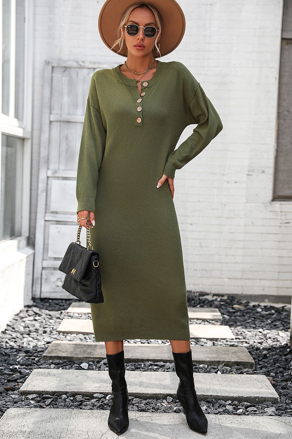 Notched Neck Dropped Shoulder Button-Down Midi Dress