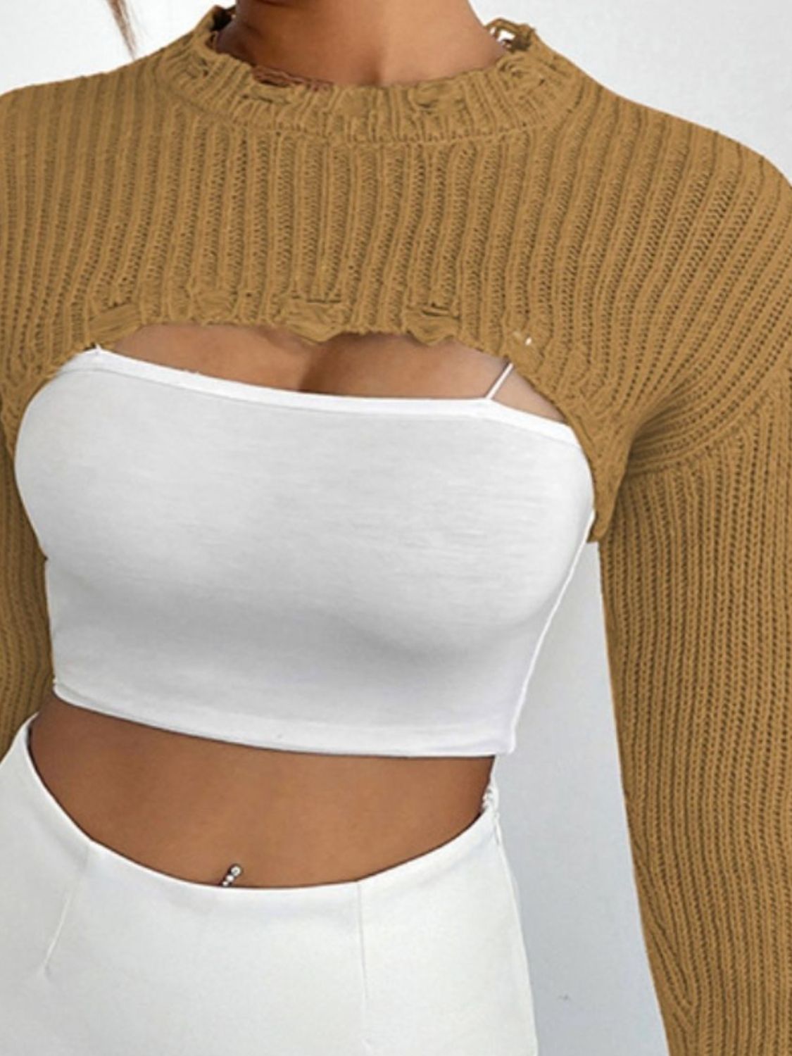 Distressed Long Sleeve Cropped Sweater