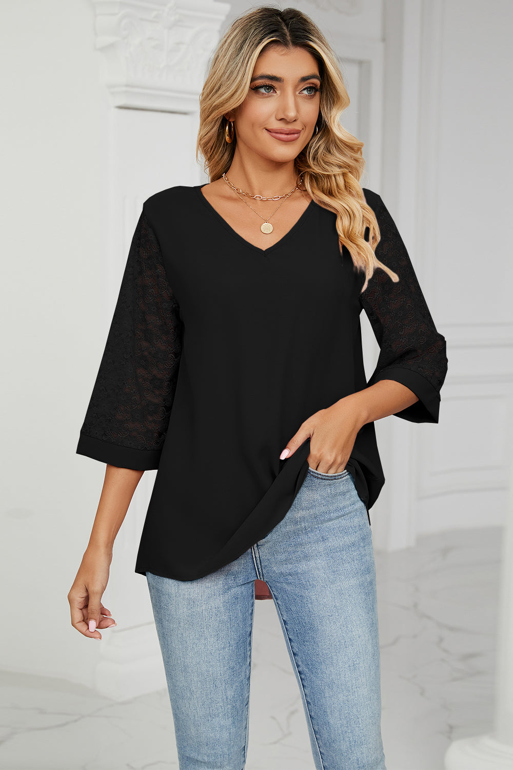 V-Neck Three-Quarter Sleeve Top