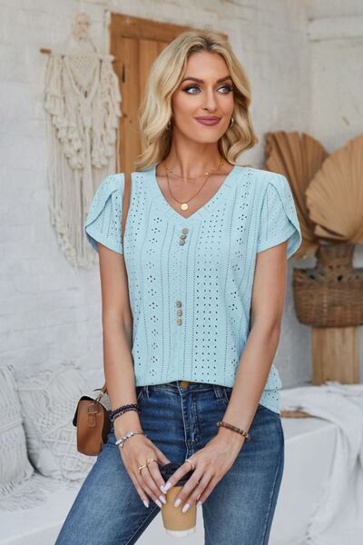 Decorative Button Eyelet V-Neck Short Sleeve T-Shirt