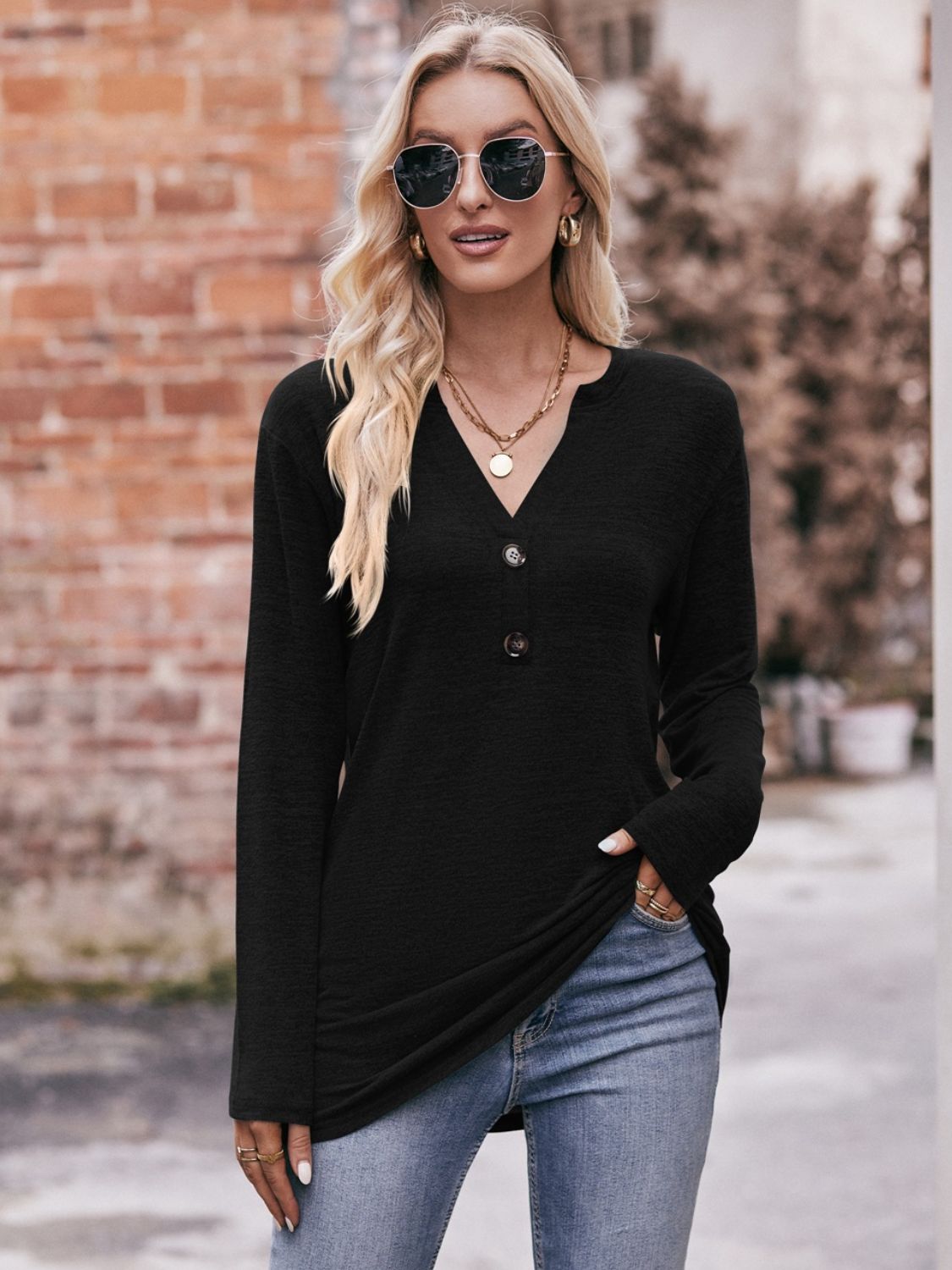 Buttoned Notched Neck Long Sleeve Top